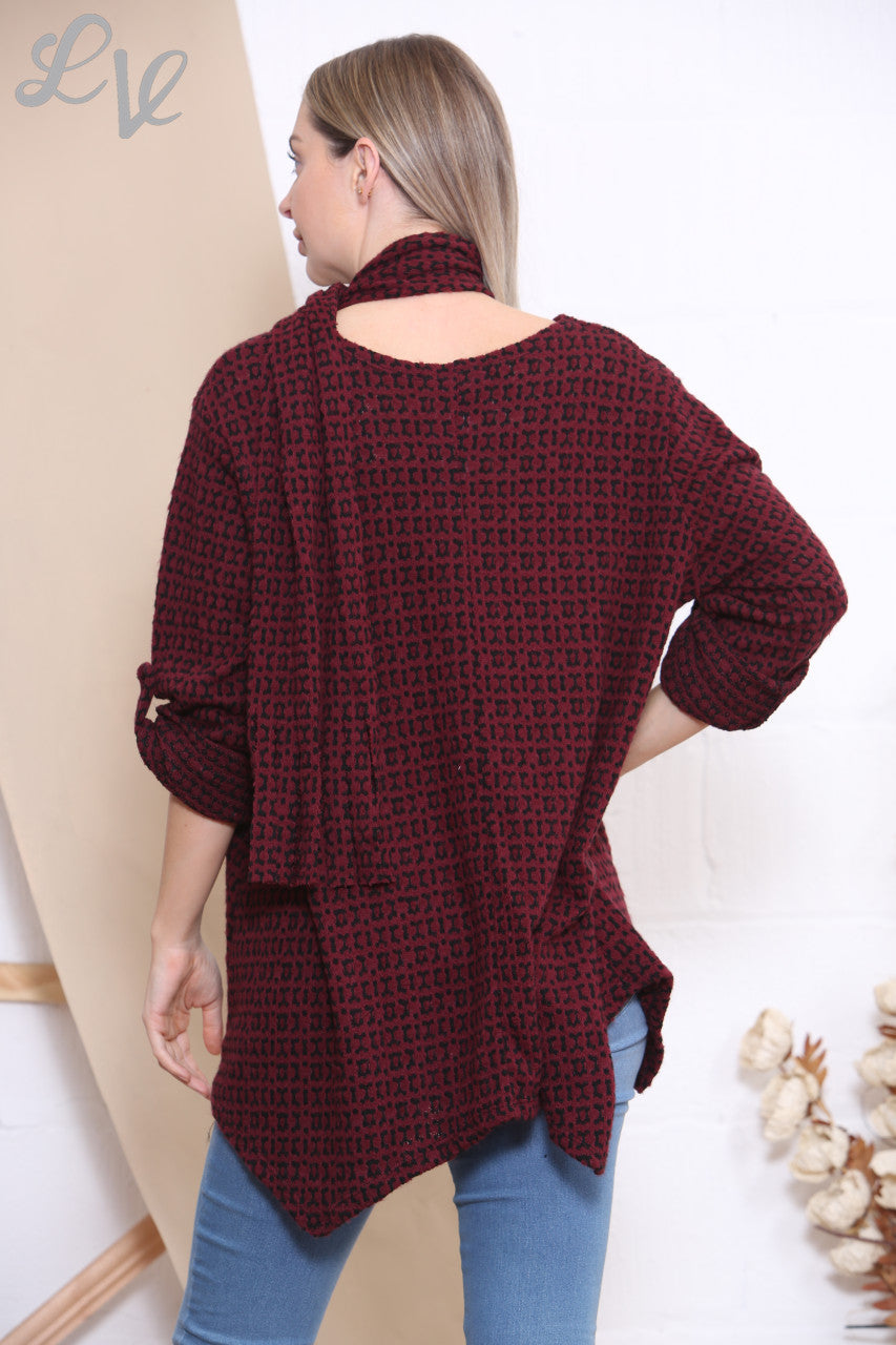 Ladies Knitted Print Jumper Top With Scarf Burgundy