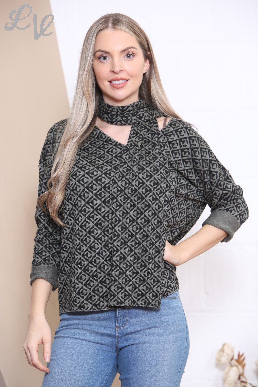Ladies Geometric Print Top With Scarf Khaki