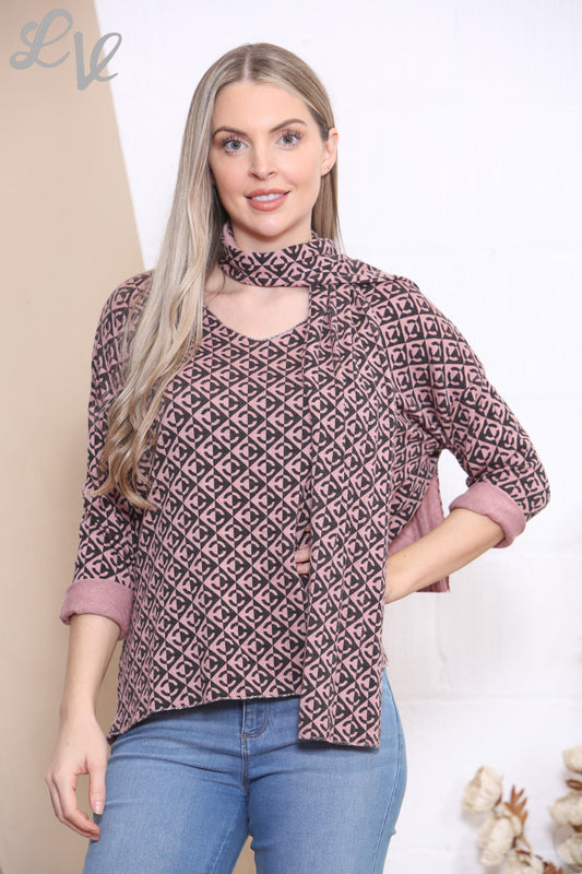 Ladies Geometric Print Top With Scarf Dusty Pink