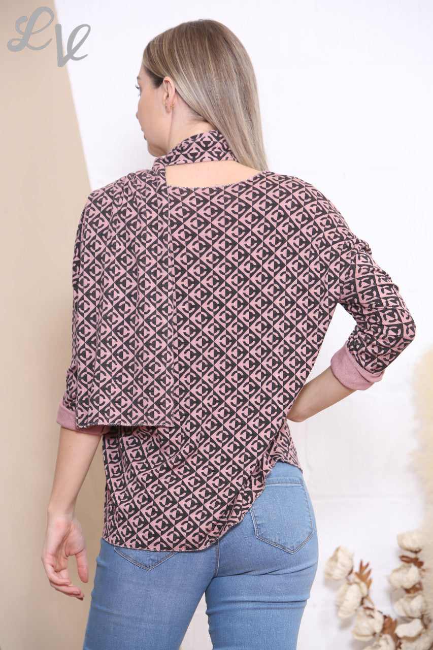 Dames Top Met Geometrische Print En Sjaal Oudroze