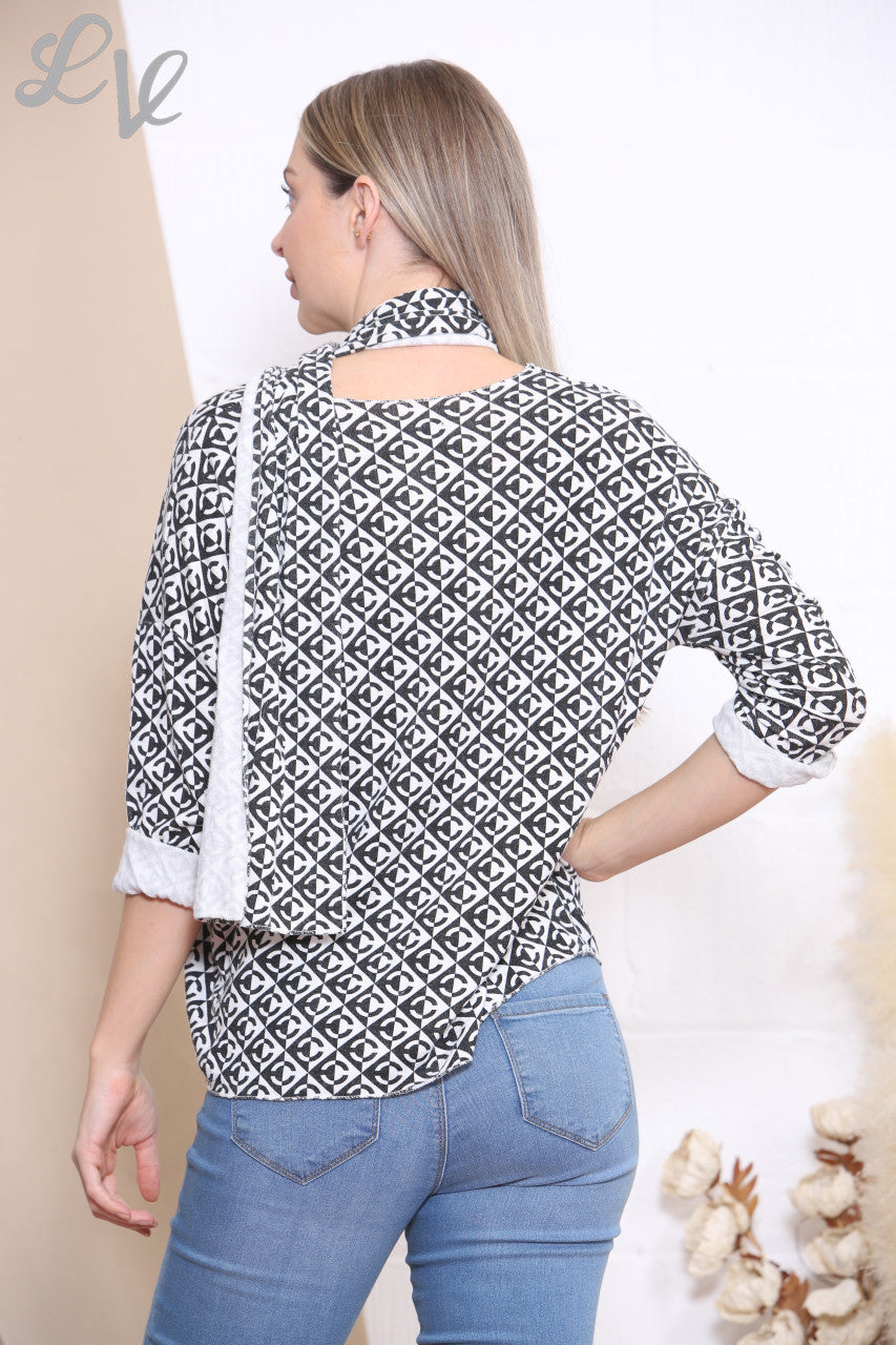 Dames top met geometrische print en sjaal wit