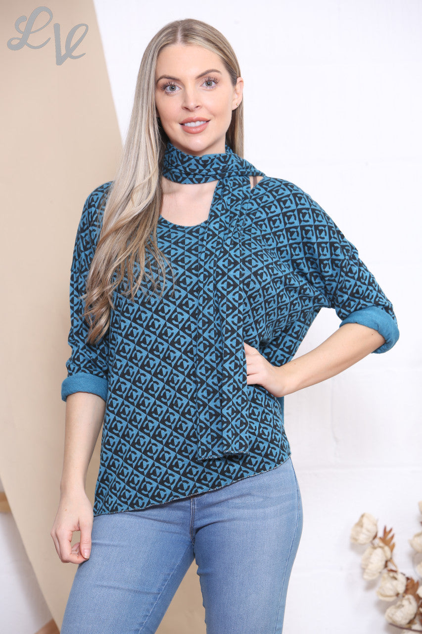 Ladies Geometric Print Top With Scarf Teal