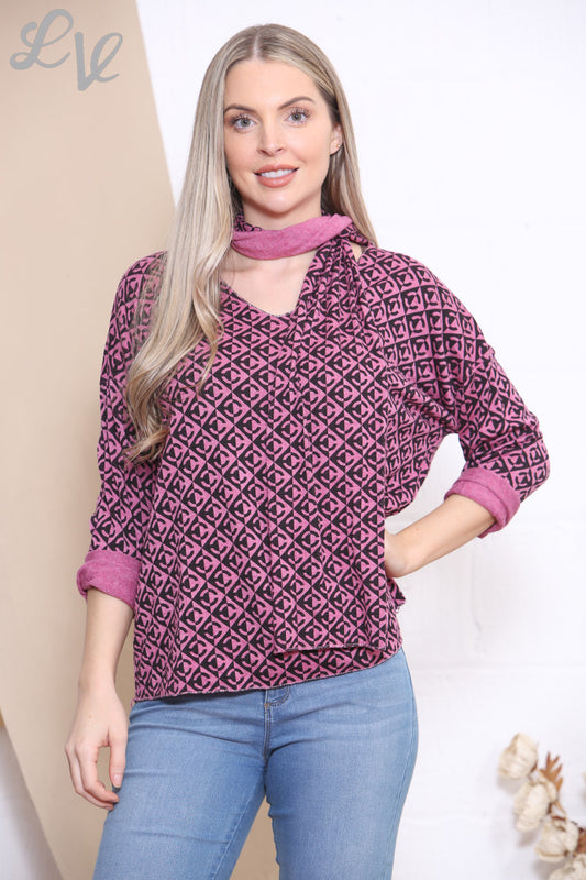 Ladies Geometric Print Top With Scarf Cerise