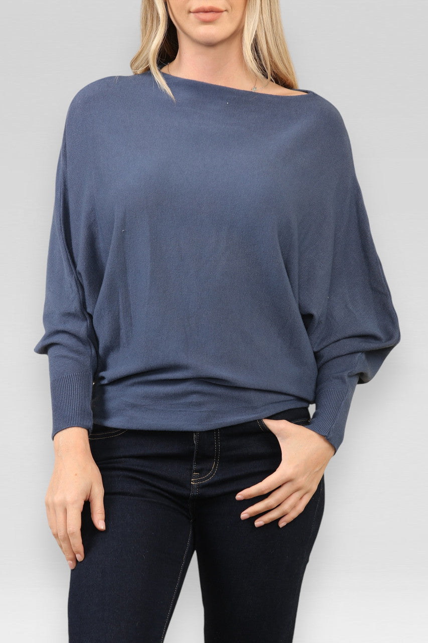 ZACHT GEBREIDE ASYMMETRISCHE BATWING TRUI DENIM