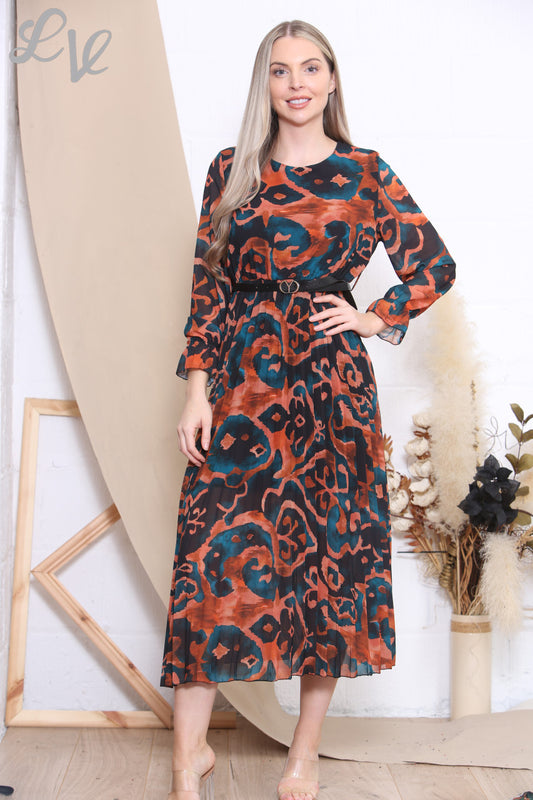 Damesjurk met abstracte wervelprint en riem Teal/Oranje
