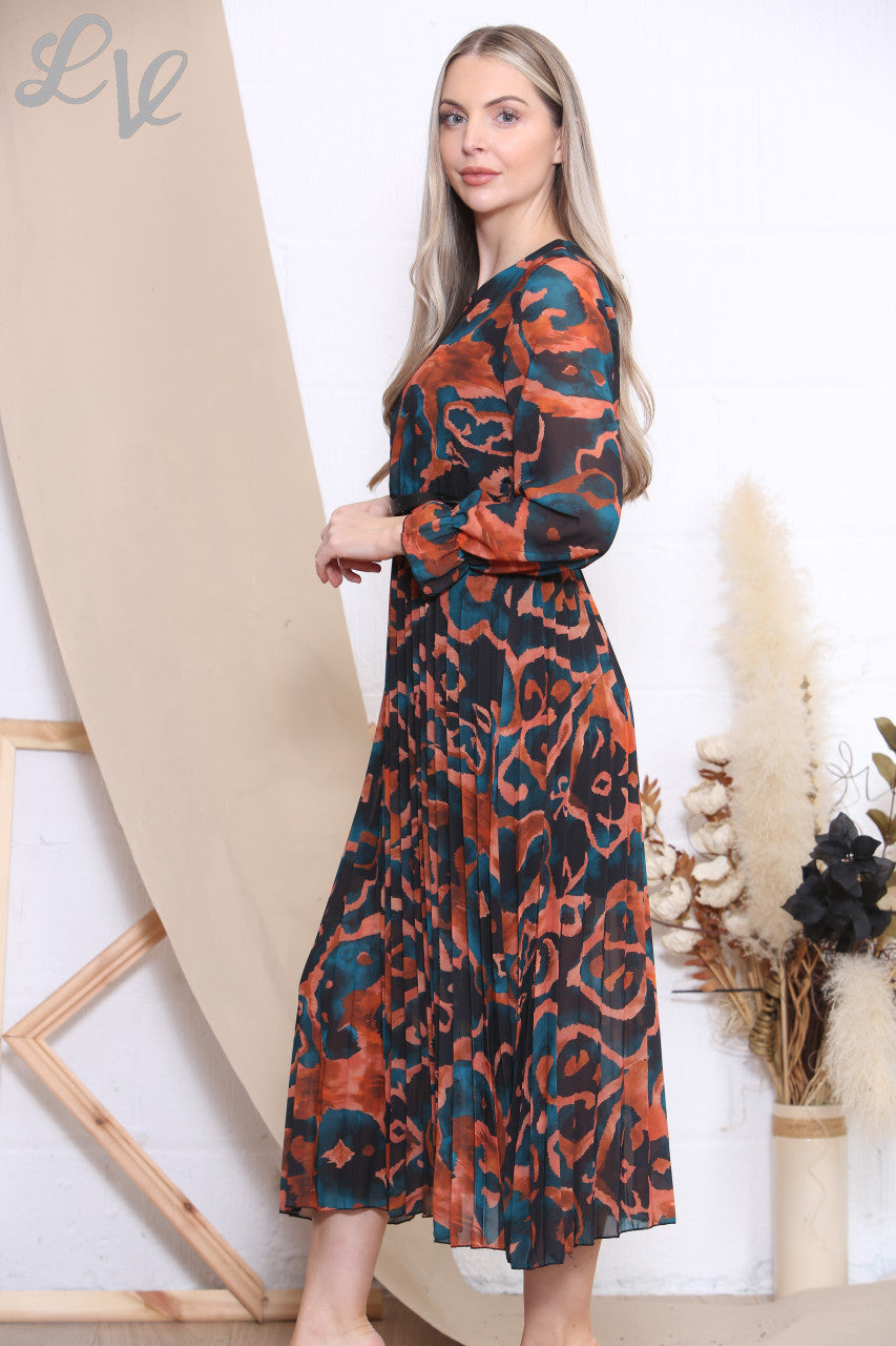Ladies Abstract Swirl Print Dress With Belt Teal/Orange