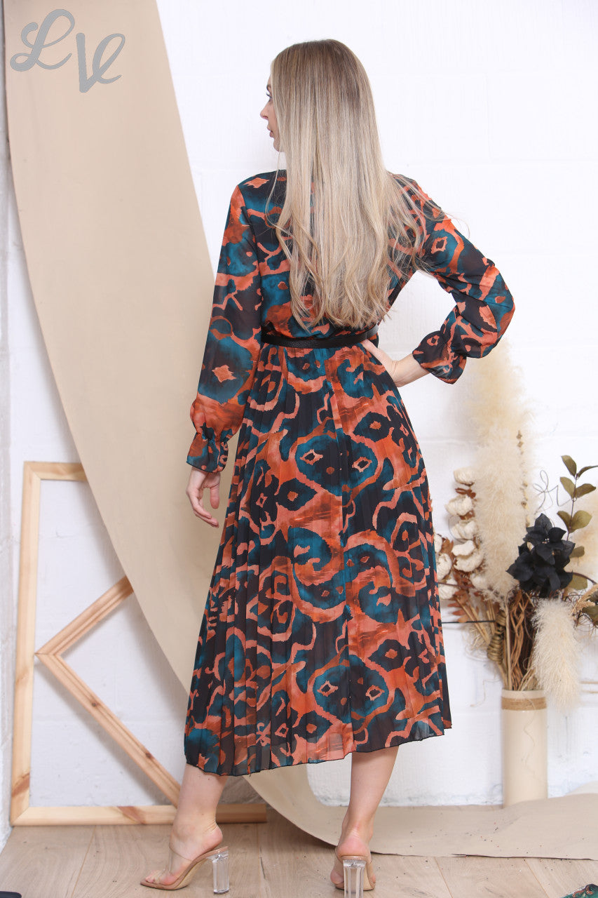 Ladies Abstract Swirl Print Dress With Belt Teal/Orange