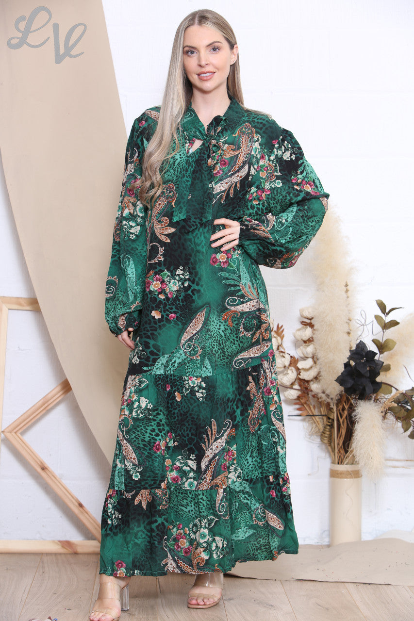 Ladies Animal Paisley Mix Print Dress Green
