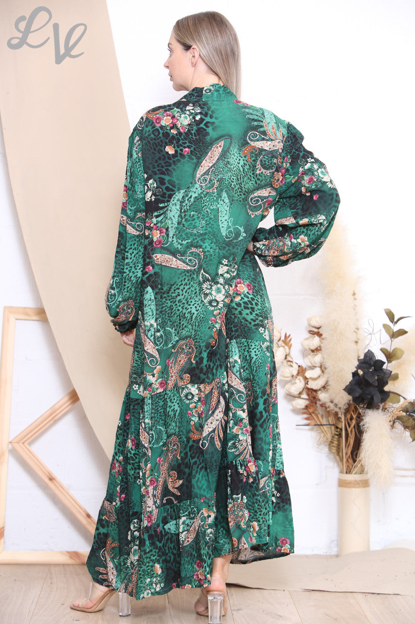 Ladies Animal Paisley Mix Print Dress Green
