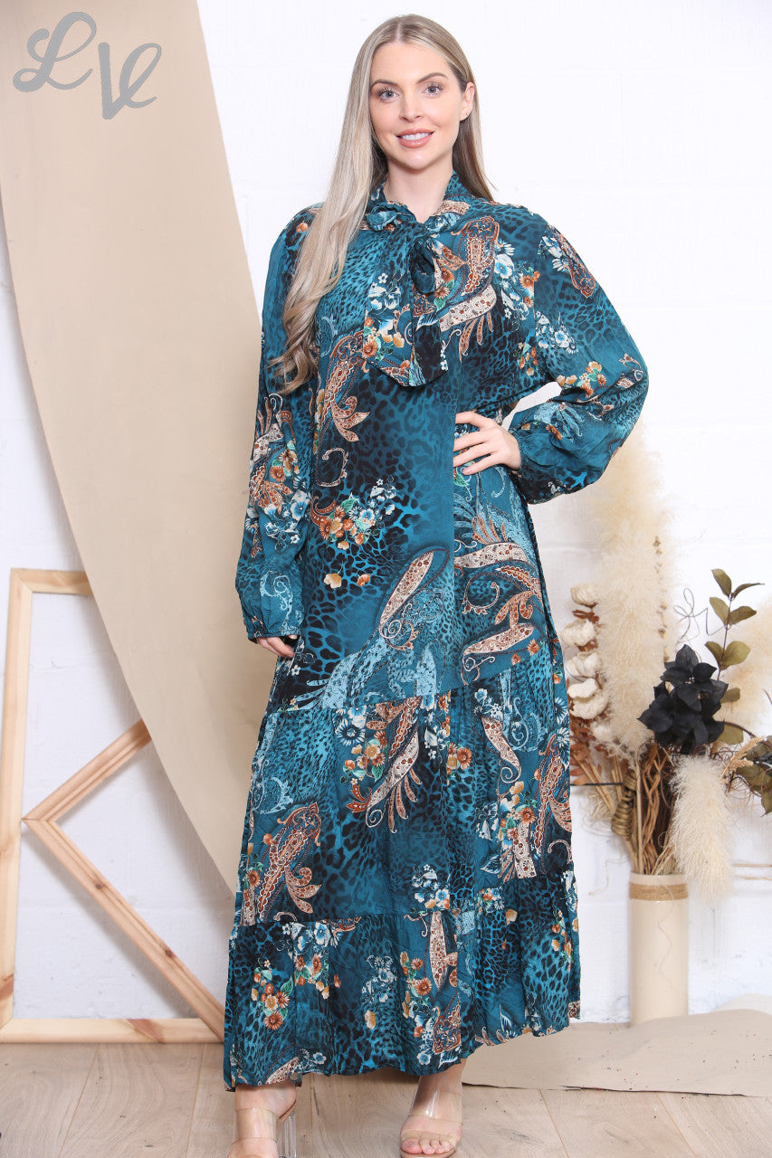 Ladies Animal Paisley Mix Print Dress Teal