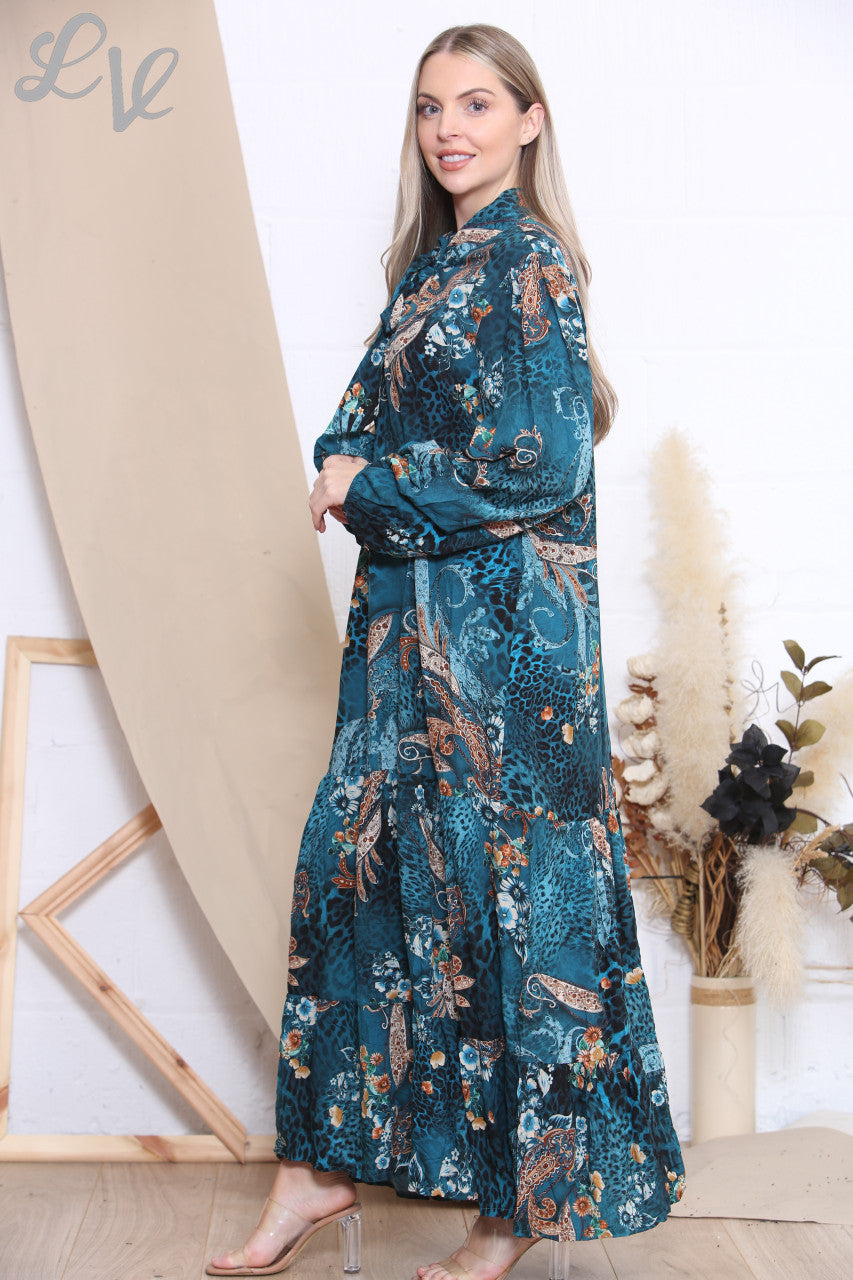 Ladies Animal Paisley Mix Print Dress Teal