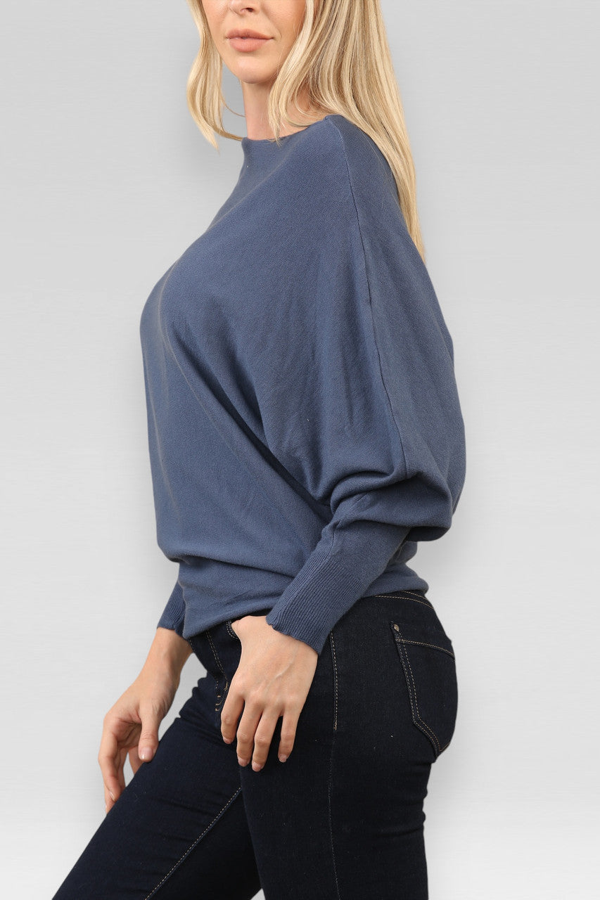 ZACHT GEBREIDE ASYMMETRISCHE BATWING TRUI DENIM