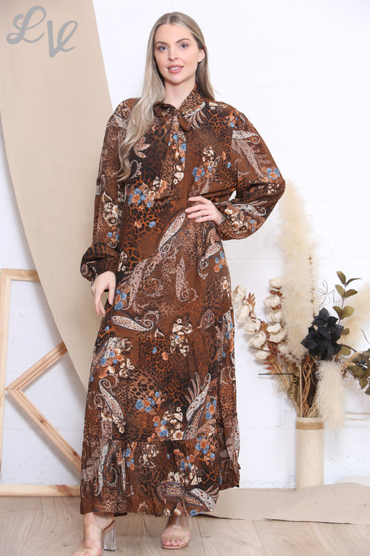 Damesjurk met dieren- en paisleymotief, bruin