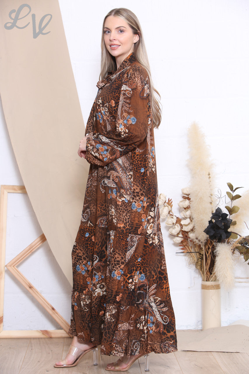 Ladies Animal Paisley Mix Print Dress Tan