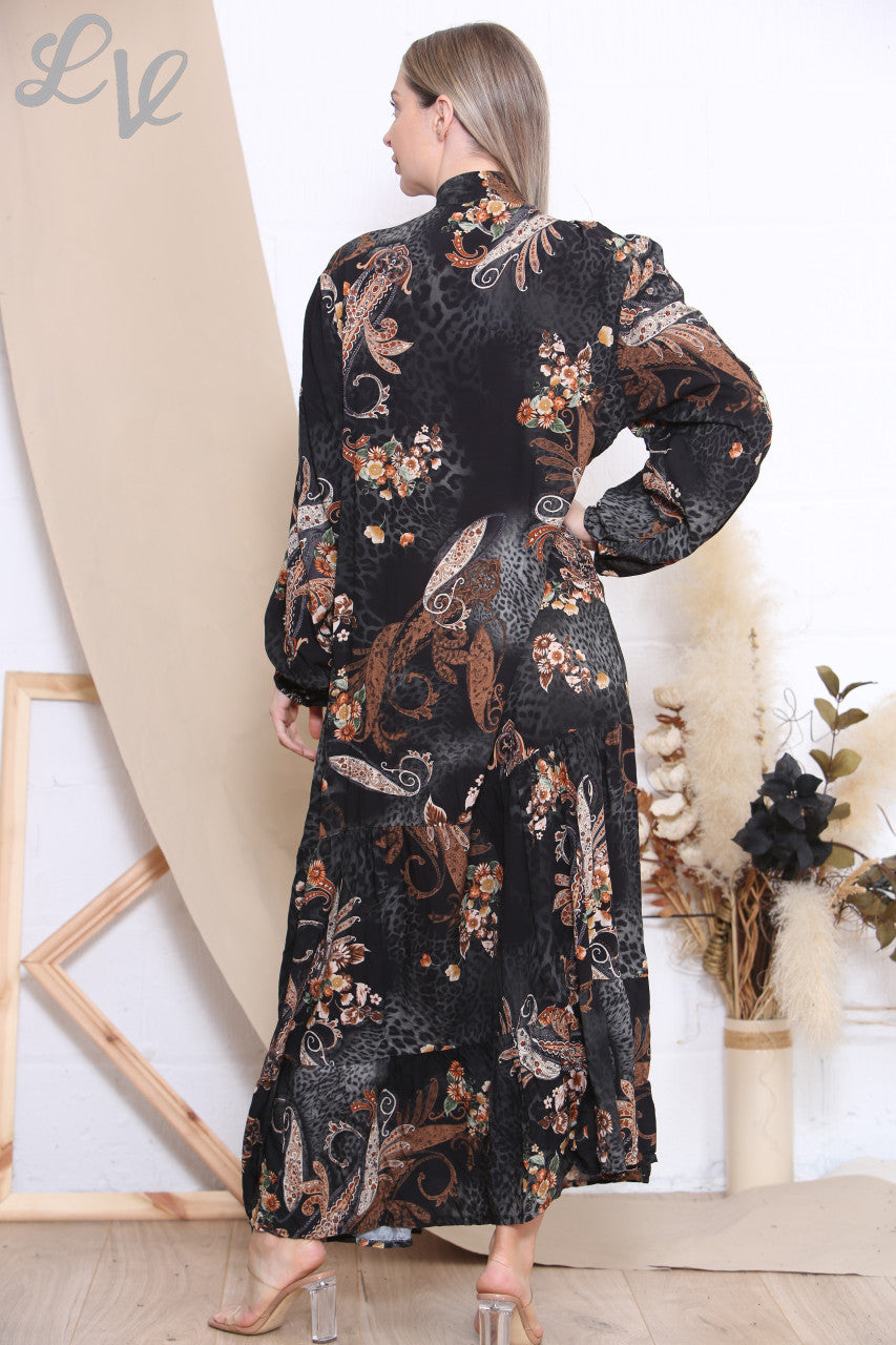 Damesjurk met dieren- en paisleyprintmix - Zwart