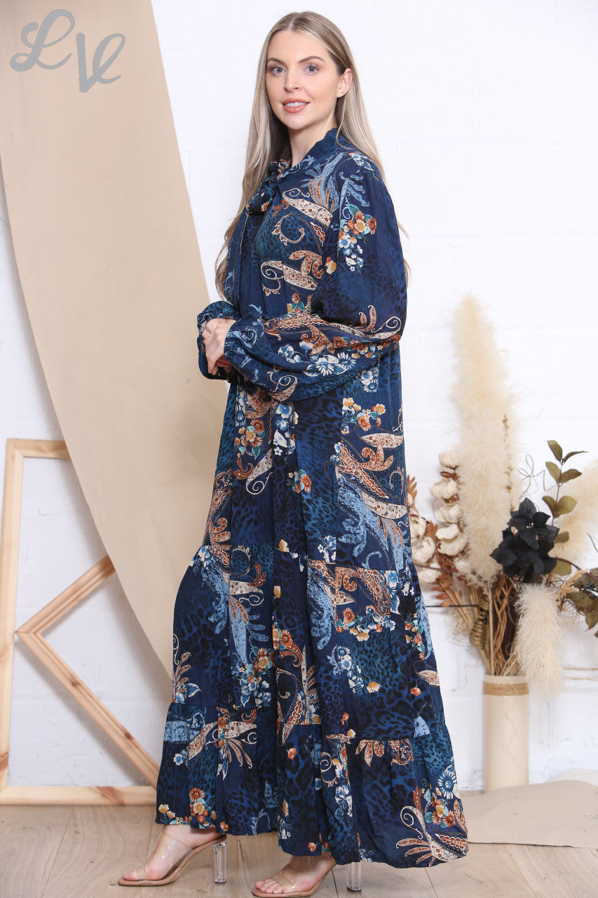 Damesjurk met dierlijke paisleyprint - marineblauw