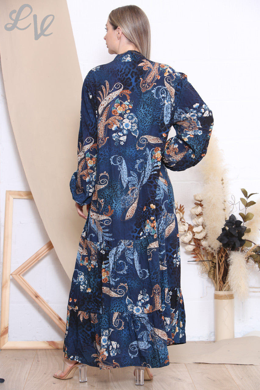 Damesjurk met dierlijke paisleyprint - marineblauw