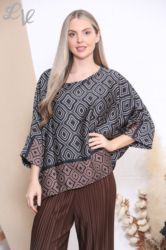 Dames Blouse met Geometrische Print en Vleermuismouwen Zwart