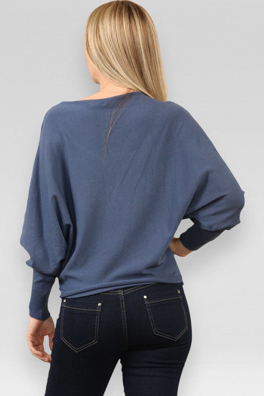 ZACHT GEBREIDE ASYMMETRISCHE BATWING TRUI DENIM