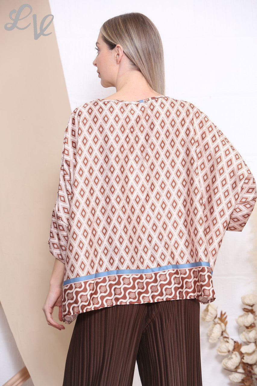 Ladies Diamond Print Batwing Blouse Top Tan