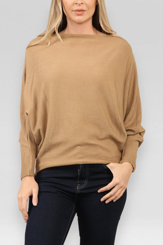 SOFT KNIT ASYMMETRIC BATWING JUMPER TAN