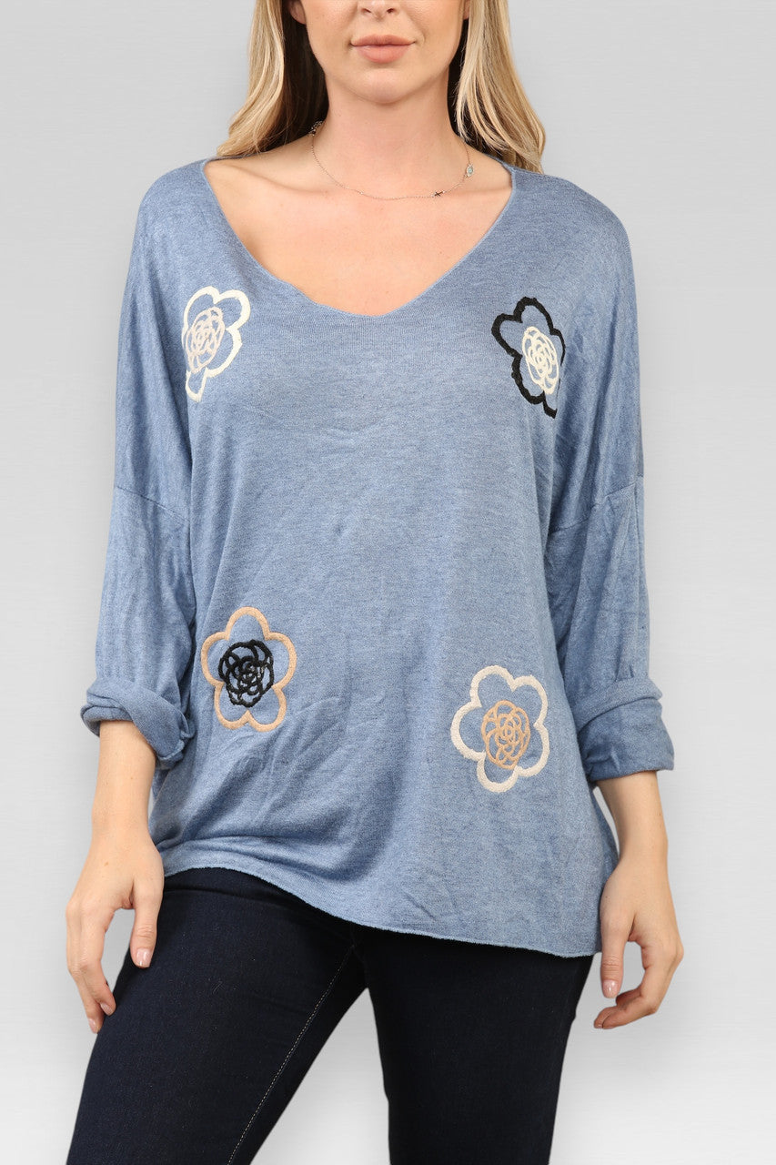 JURK VAN DENIM MET GEBORDUURD BLOEMENDESSIN