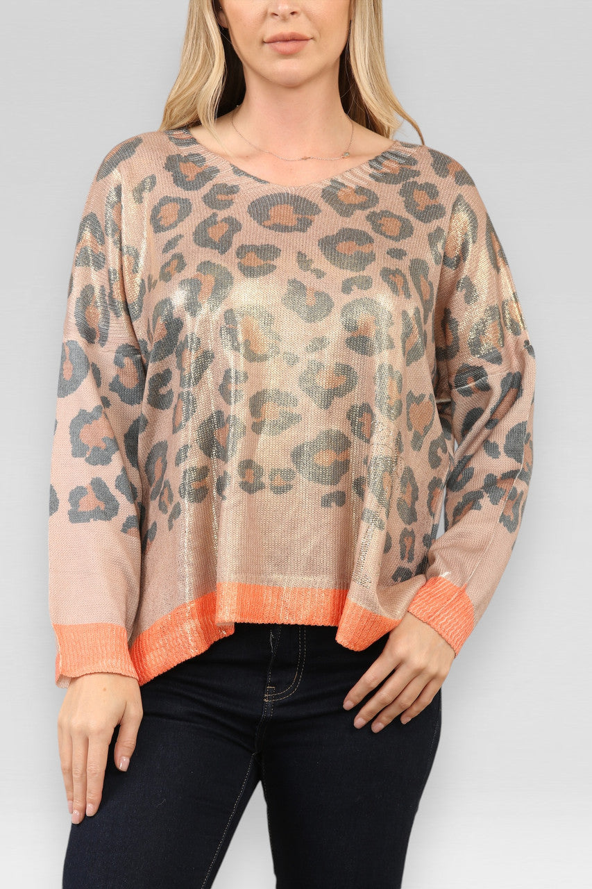 GEBREIDE GLITTER TRUI MET LEOPARDPRINT BRUIN
