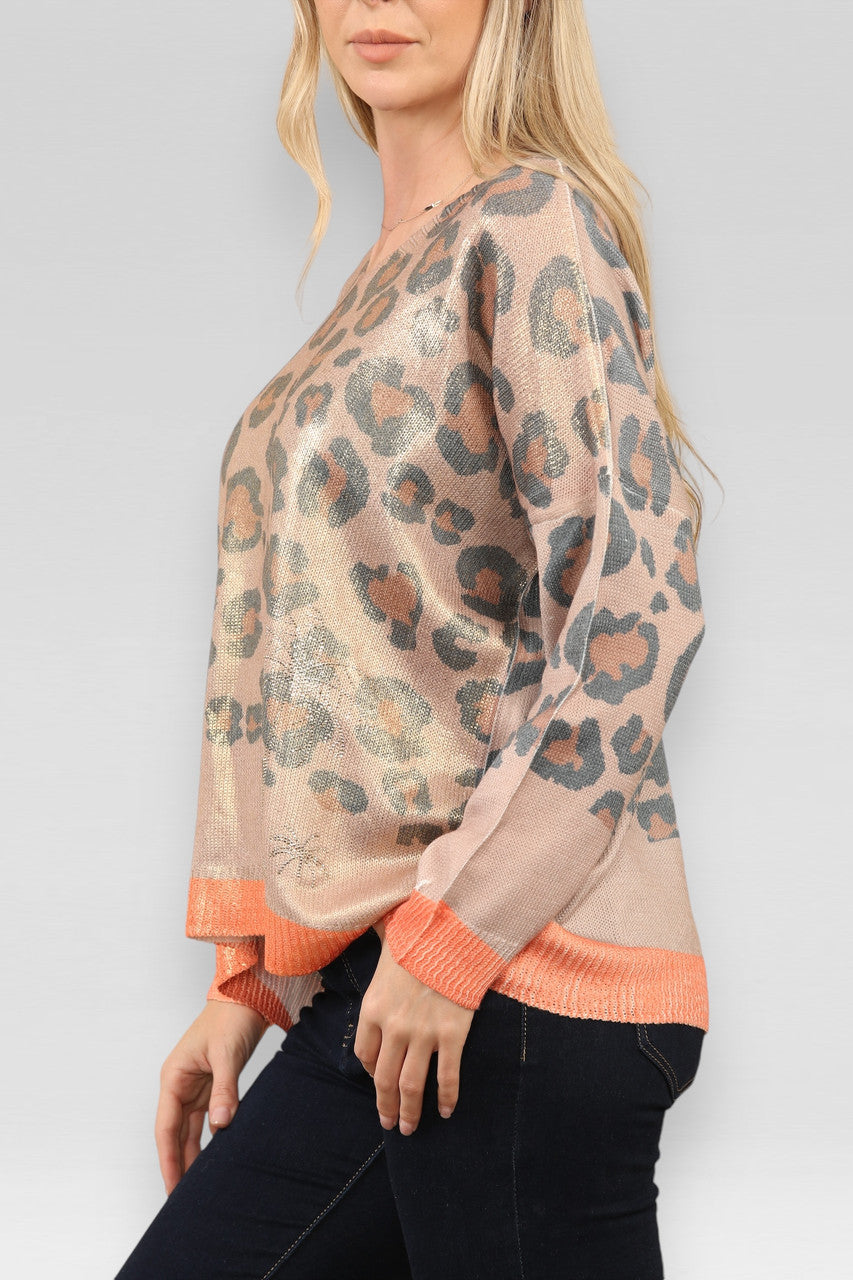 GEBREIDE GLITTER TRUI MET LEOPARDPRINT BRUIN