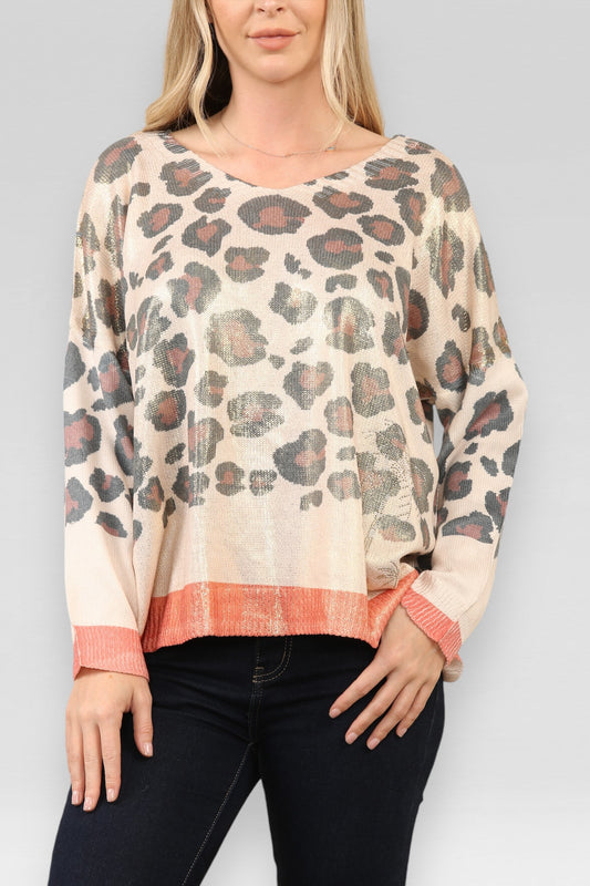 GEBREIDE GLANZENDE TOP MET LUIPAARDPRINT IN STEENKLEUR