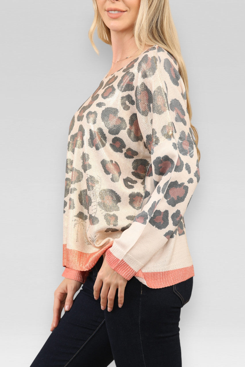 GEBREIDE GLANZENDE TOP MET LUIPAARDPRINT IN STEENKLEUR