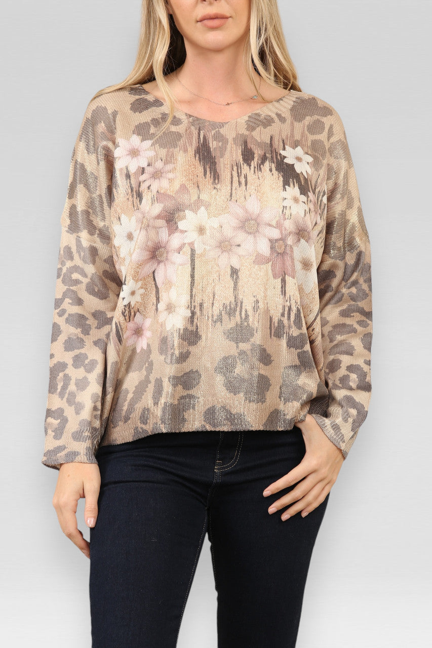 KNITTED SHIMMER FLORAL LEOPARD PRINT TOP STONE