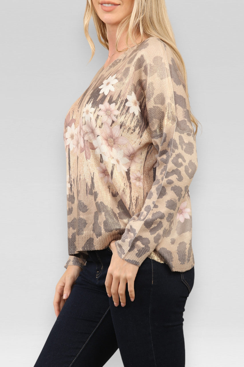 KNITTED SHIMMER FLORAL LEOPARD PRINT TOP STONE