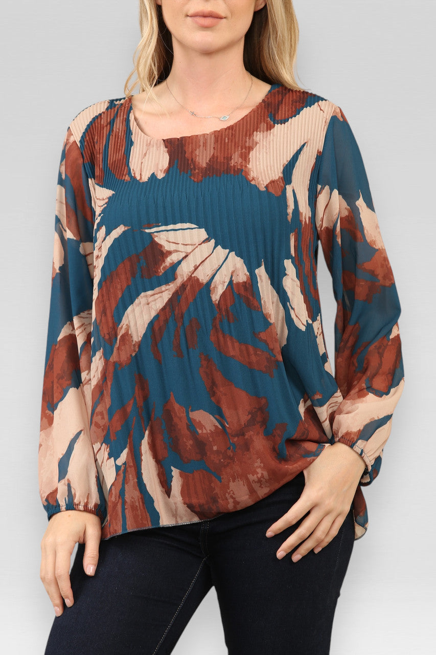 GEPLOOIDE BLOUSE MET ABSTRACTE PRINT IN PETROLBLAUW