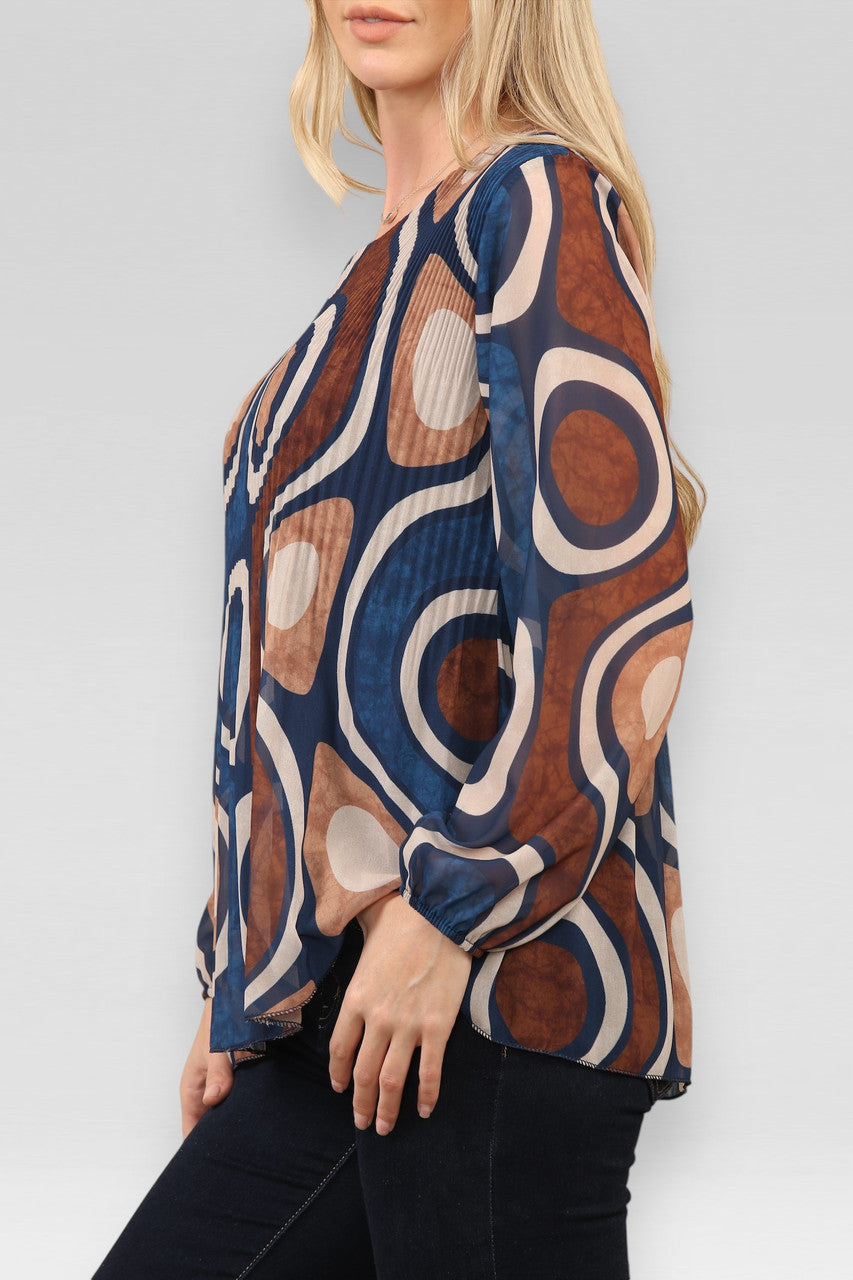 GEPLOOIDE BLOUSE MET CIRKELWIRVELPRINT MARINEBLAUW