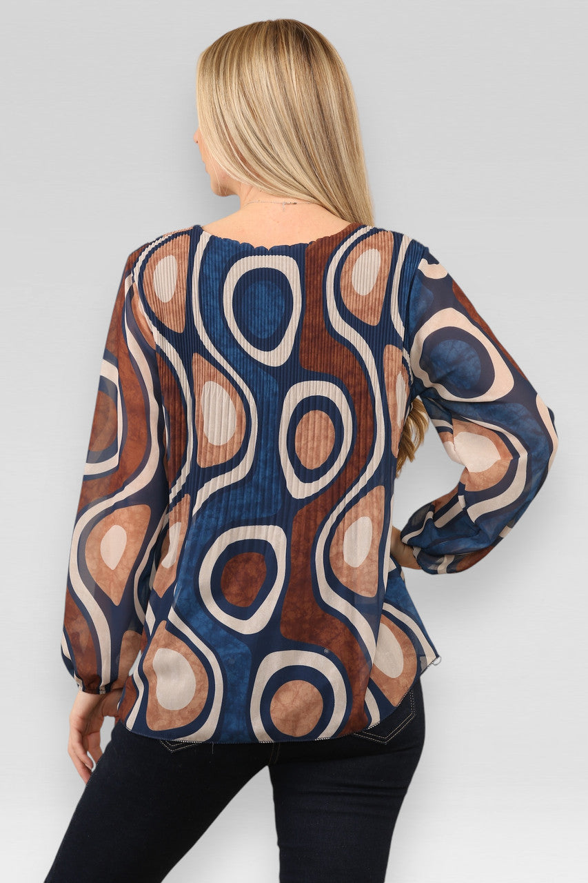 GEPLOOIDE BLOUSE MET CIRKELWIRVELPRINT MARINEBLAUW