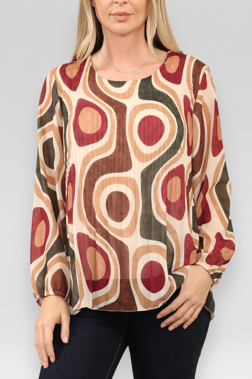 BLOUSE MET GEPLOOIDE STOF EN WIRLPRINT STEENKLEURIG