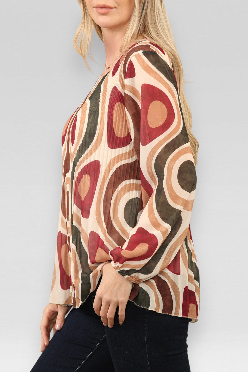 BLOUSE MET GEPLOOIDE STOF EN WIRLPRINT STEENKLEURIG