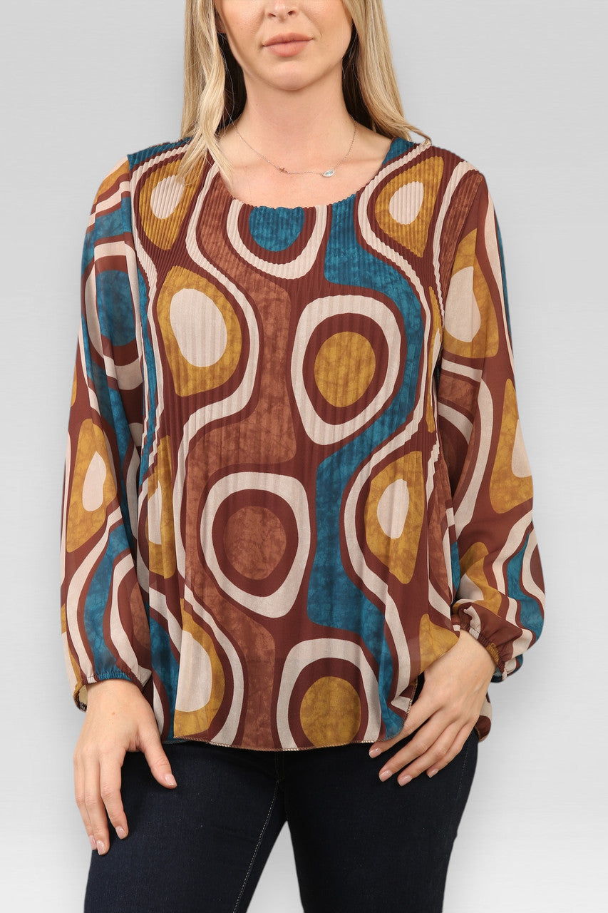 BLOUSE MET PLOOIEN EN CIRKEL-/WIRRELPRINT ROESTBRUIN