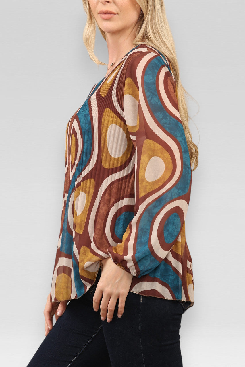 BLOUSE MET PLOOIEN EN CIRKEL-/WIRRELPRINT ROESTBRUIN