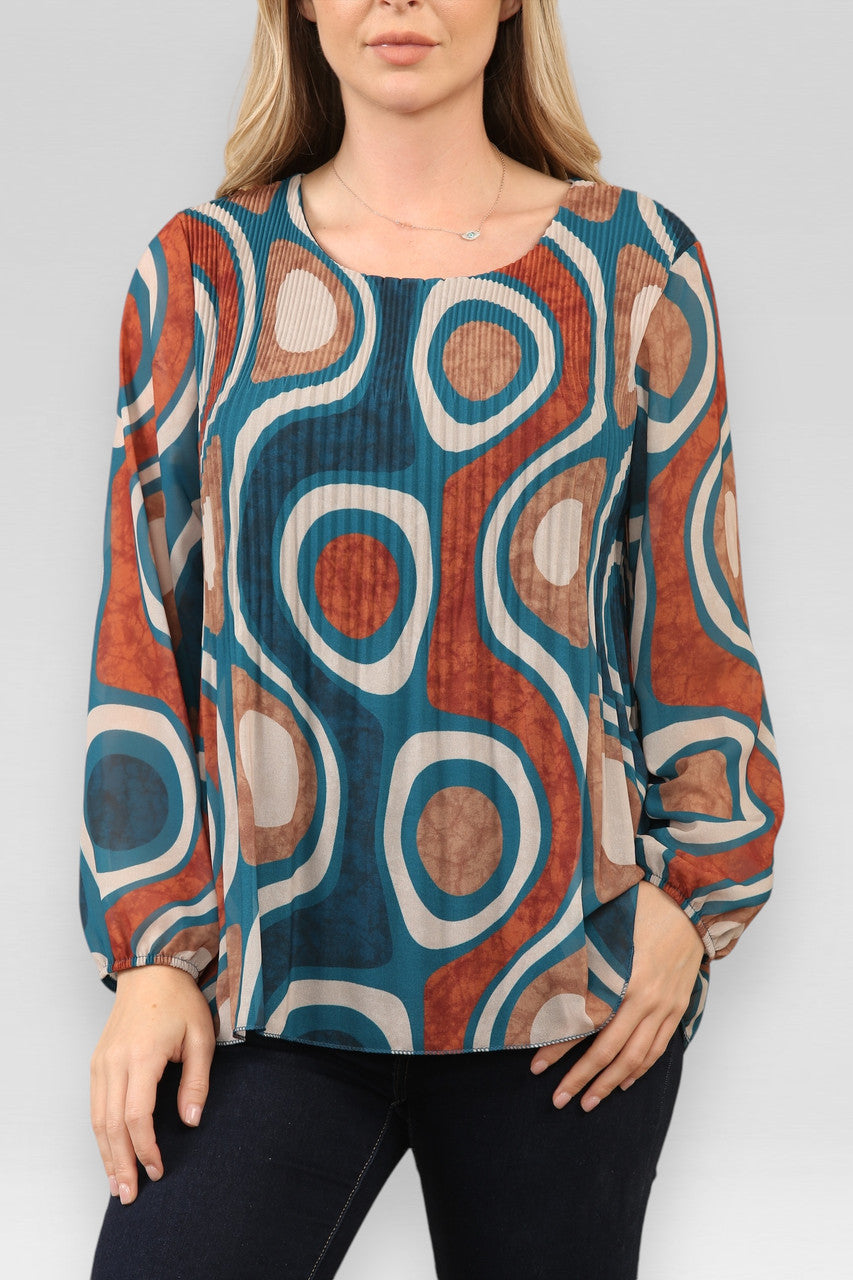 BLOUSE MET PLOOIEN EN CIRKEL-WIRPELPRINT - TEAL