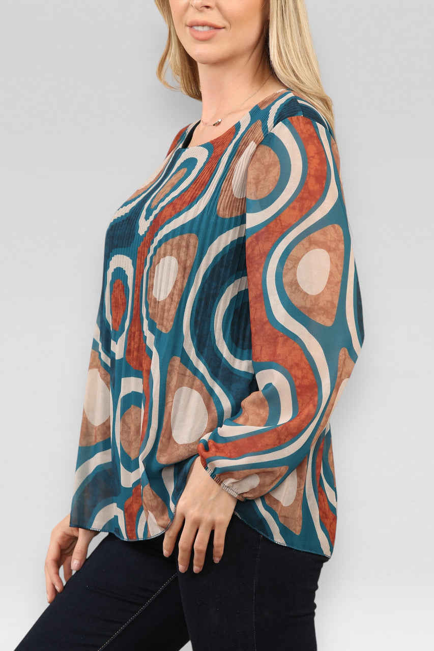 BLOUSE MET PLOOIEN EN CIRKEL-WIRPELPRINT - TEAL