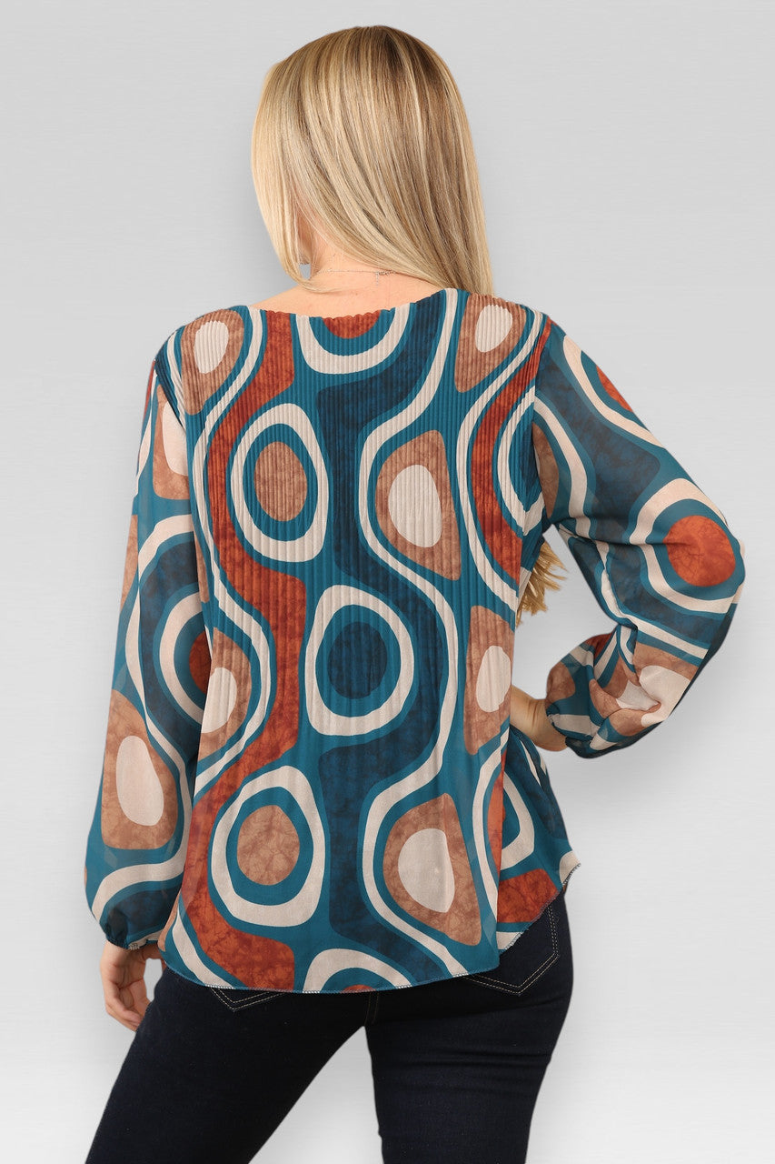 BLOUSE MET PLOOIEN EN CIRKEL-WIRPELPRINT - TEAL