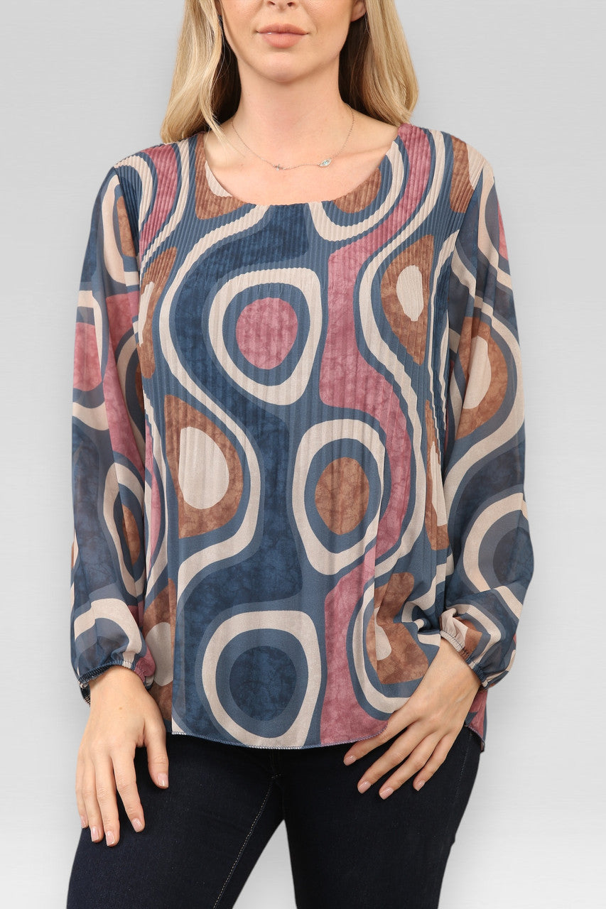 BLOUSE MET PLOOIEN EN CIRKELPATROON VAN DENIM