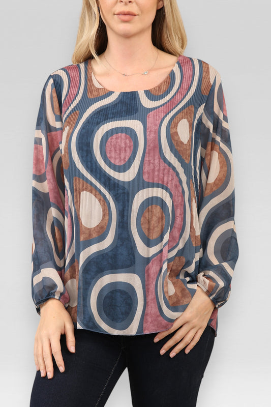 BLOUSE MET PLOOIEN EN CIRKELPATROON VAN DENIM