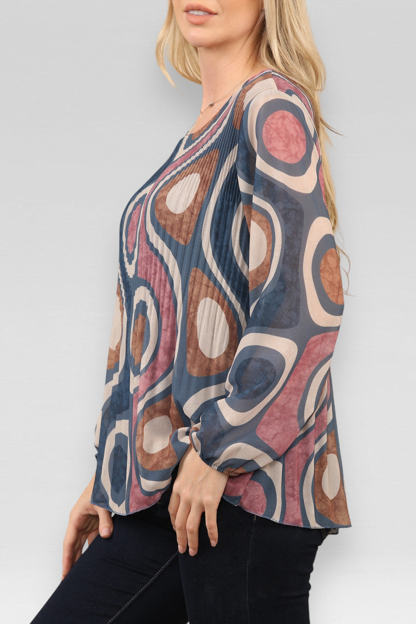 BLOUSE MET PLOOIEN EN CIRKELPATROON VAN DENIM