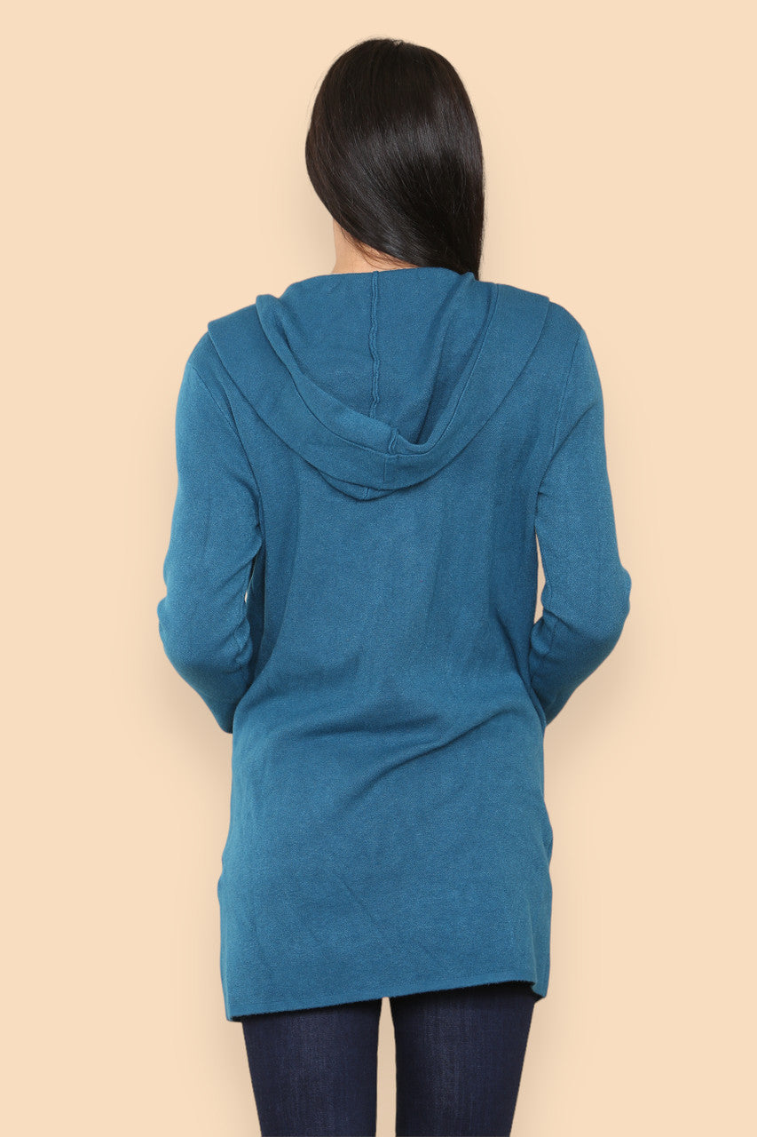 HEAVY KNIT HOODED CARDIGAN JACKET TEAL