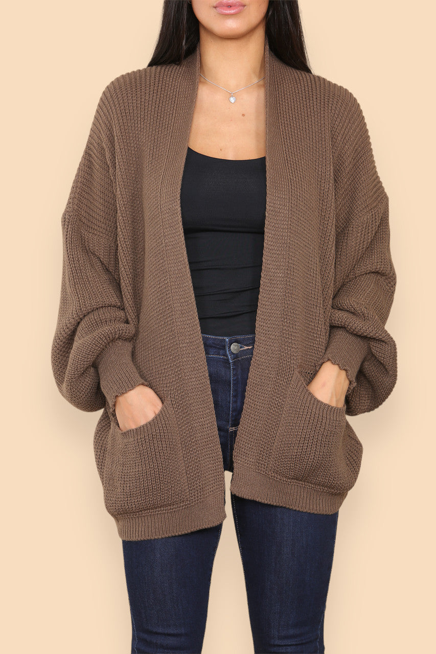 CHUNKY KNIT BALLOON SLEEVE CARDIGAN BROWN