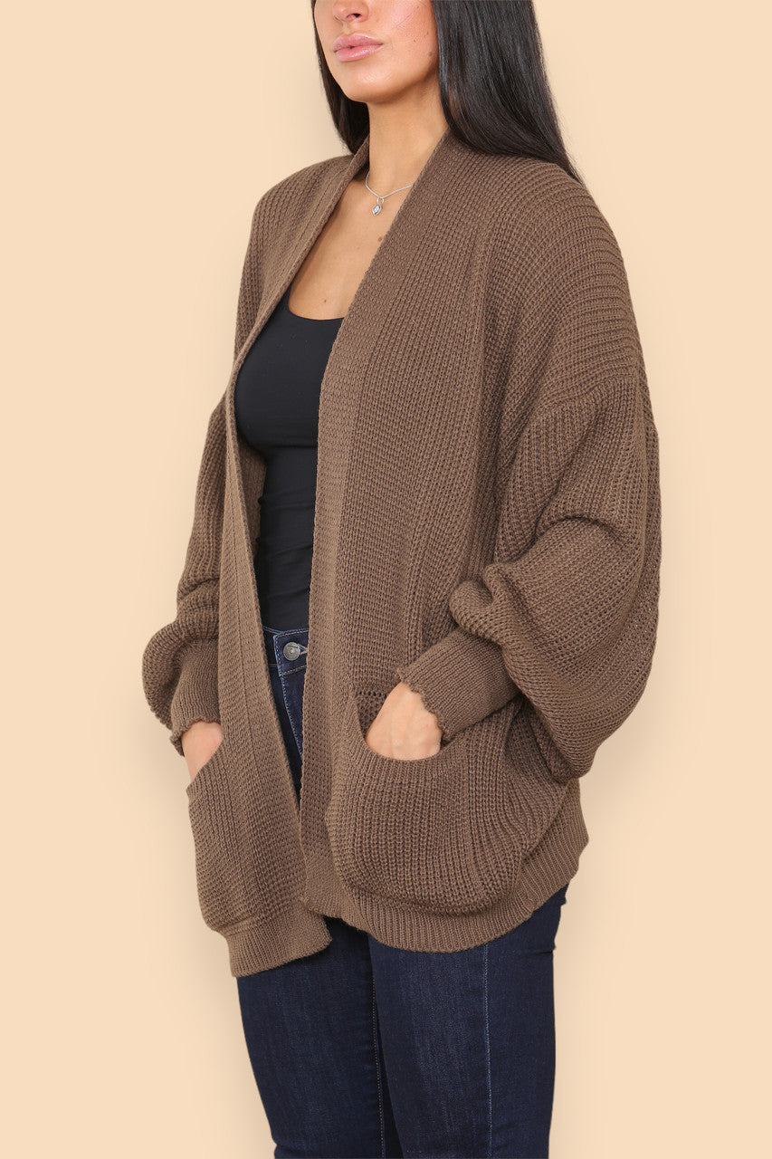 CHUNKY KNIT BALLOON SLEEVE CARDIGAN BROWN