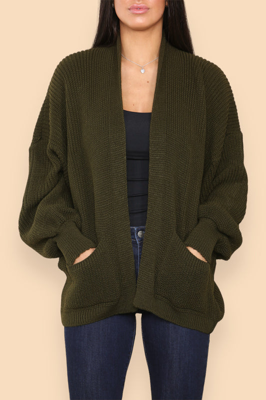 CHUNKY KNIT BALLOON SLEEVE CARDIGAN KHAKI