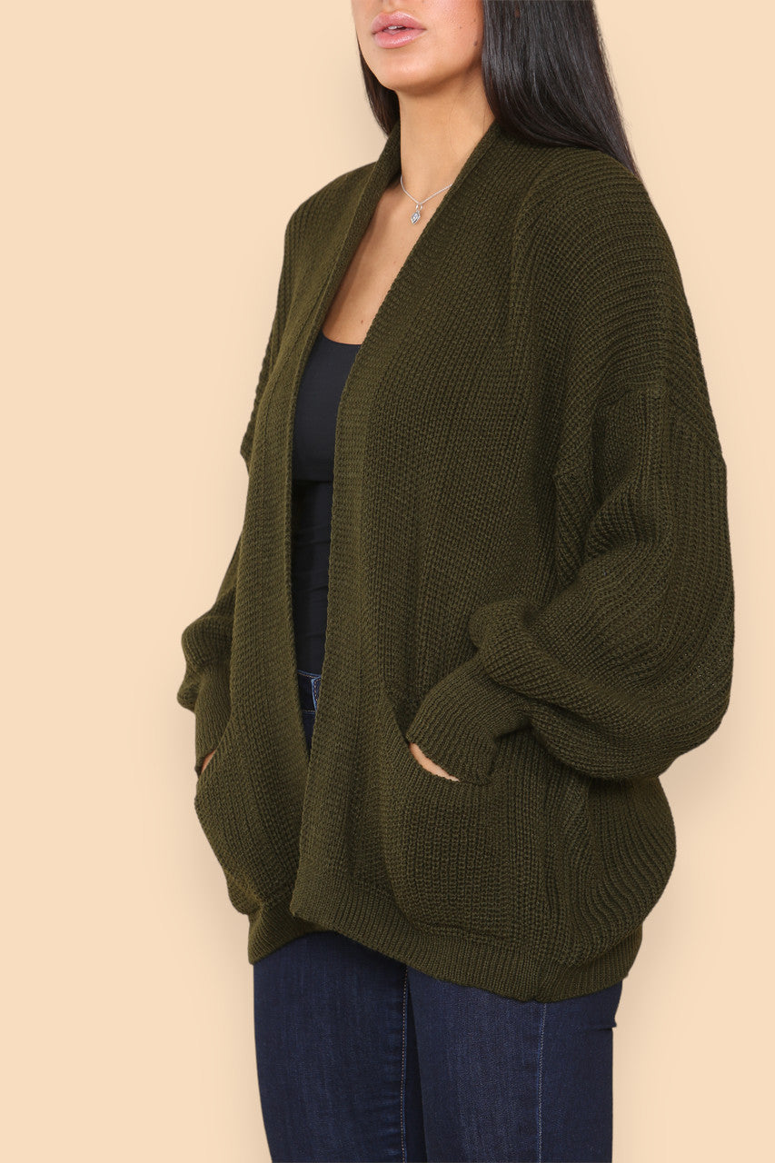 CHUNKY KNIT BALLOON SLEEVE CARDIGAN KHAKI